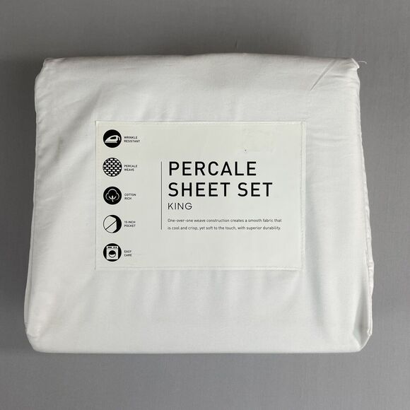 AQ Textiles Percale Solid 4-Pc. Sheet Set, King, White New In Original Package - Picture 1 of 9